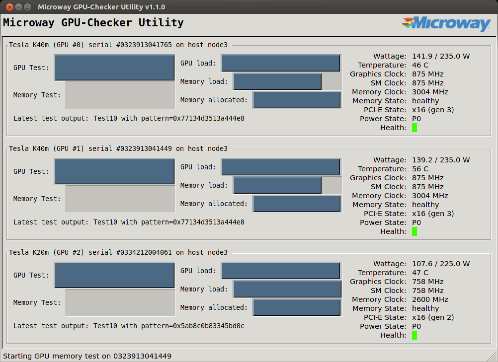 Screenshot of Tesla K40m GPUs running Microway GPU Checker Utility